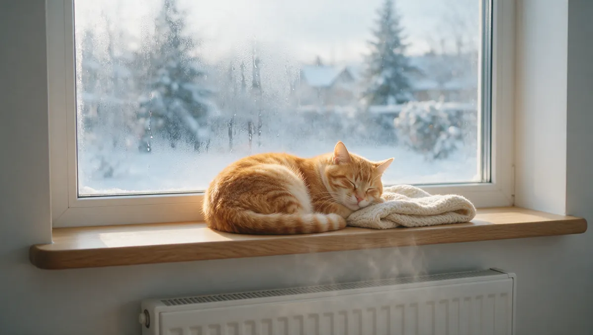 Kış günü pencere önünde radyatör üzerinde uyuyan kedi